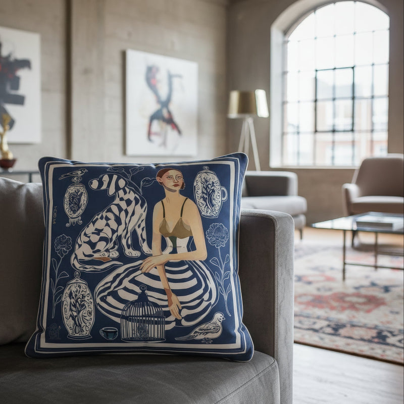 'Quiet Control' Square Cushion, Navy