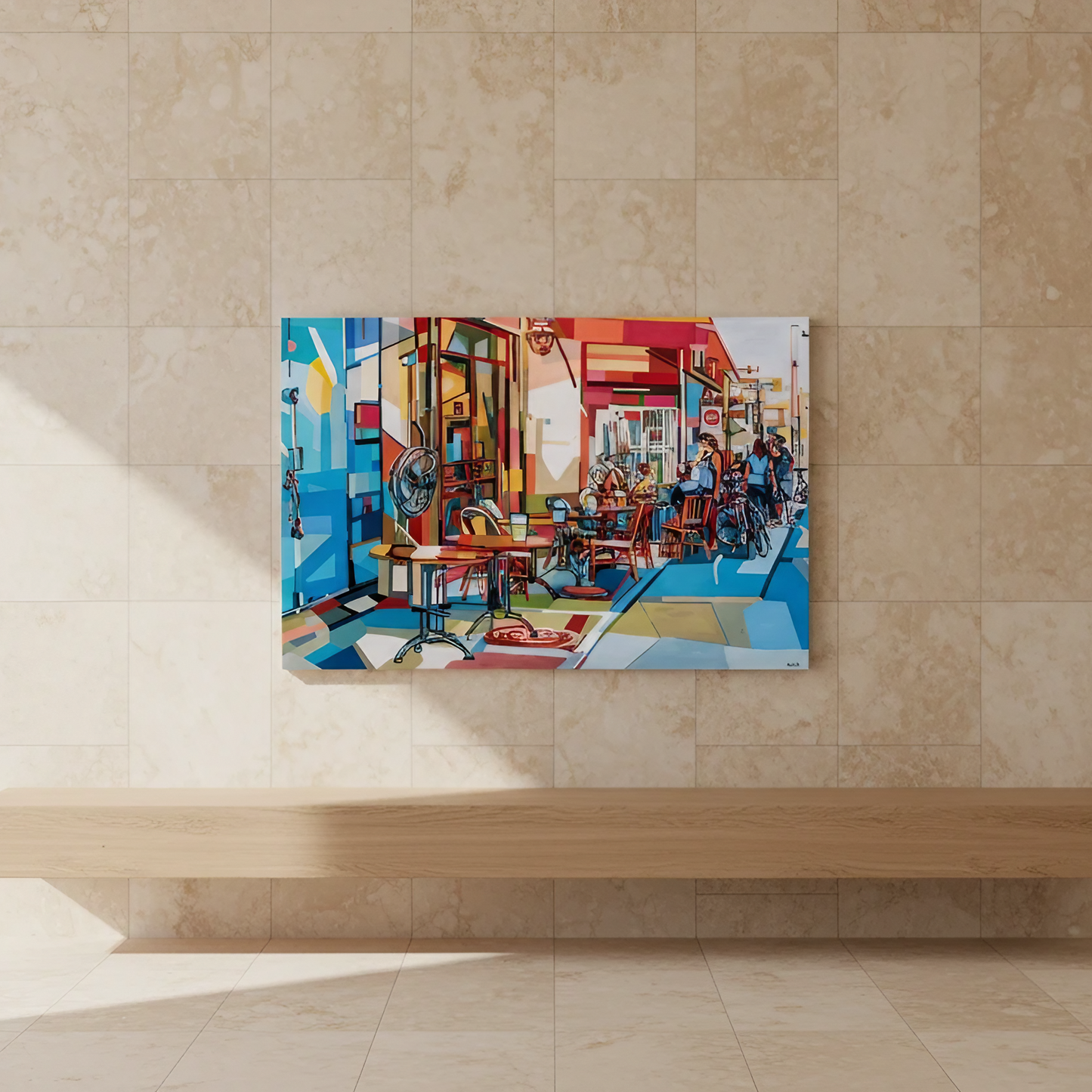 Another sunny day is a limited edition art print by Noemi Safir depicting a lively city street with outdoor seating, café chairs, bicycles, and figures in conversation, painted in a bright contemporary palette of blue, pink, orange, and warm neutrals.