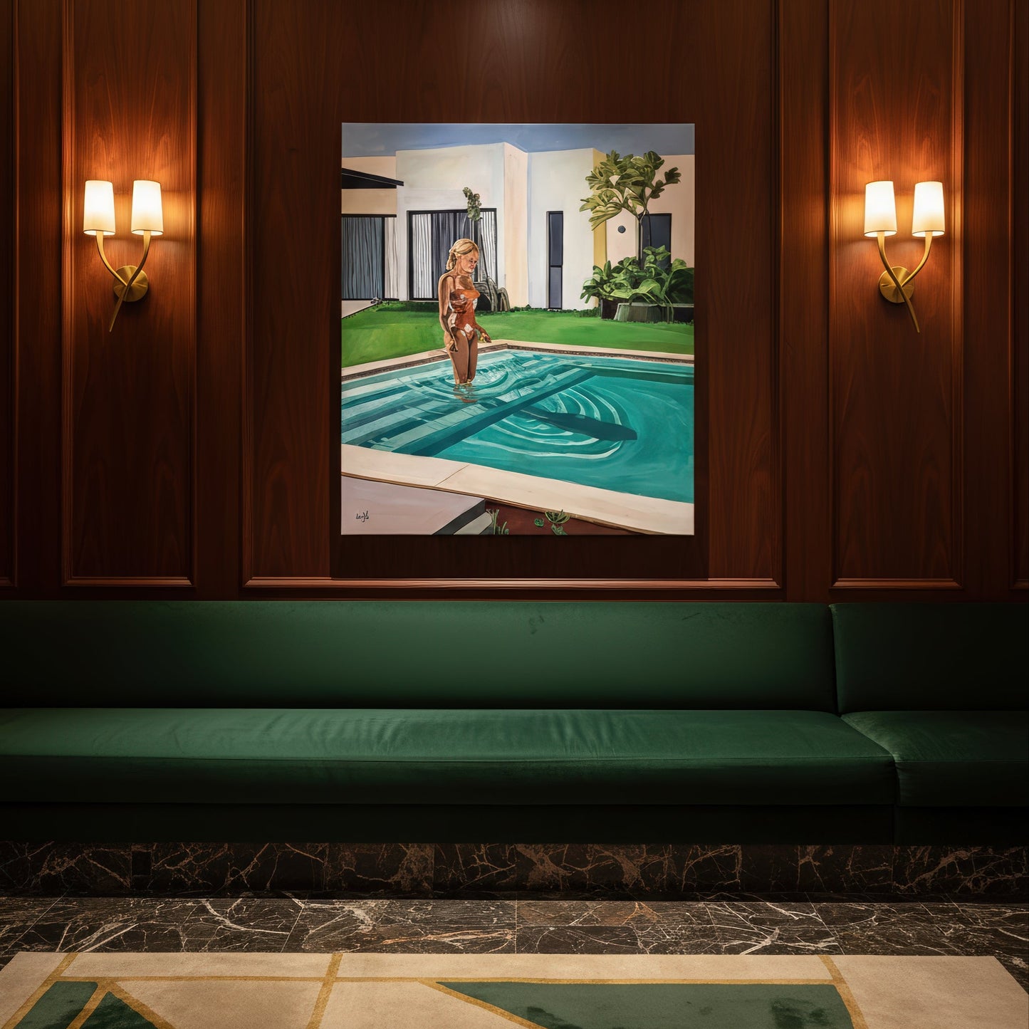 Museum quality art print by Noemi Safir based on an original painting, showing a woman in a swimsuit standing in a sunlit pool with soft reflections, clean modern architecture, and a peaceful garden setting.