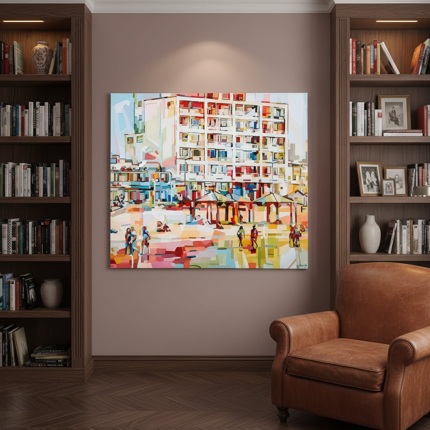 Collectible contemporary cityscape print by Noemi Safir featuring Tel Aviv seen from the beach, with tall buildings, colorful beachfront structures, and small walking figures painted in airy tones of blush, ivory, turquoise, yellow, and coral.