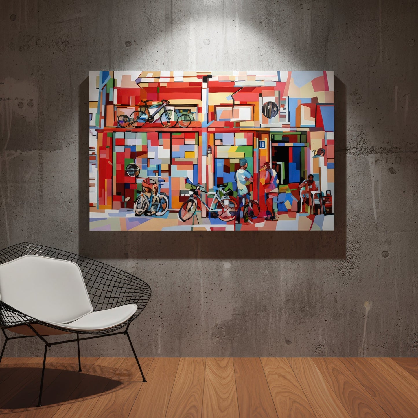 Collectible contemporary cityscape print by Noemi Safir featuring a vibrant urban façade with bicycles on display, standing figures in conversation, and bold geometric color areas that capture the energy of Tel Aviv street life.