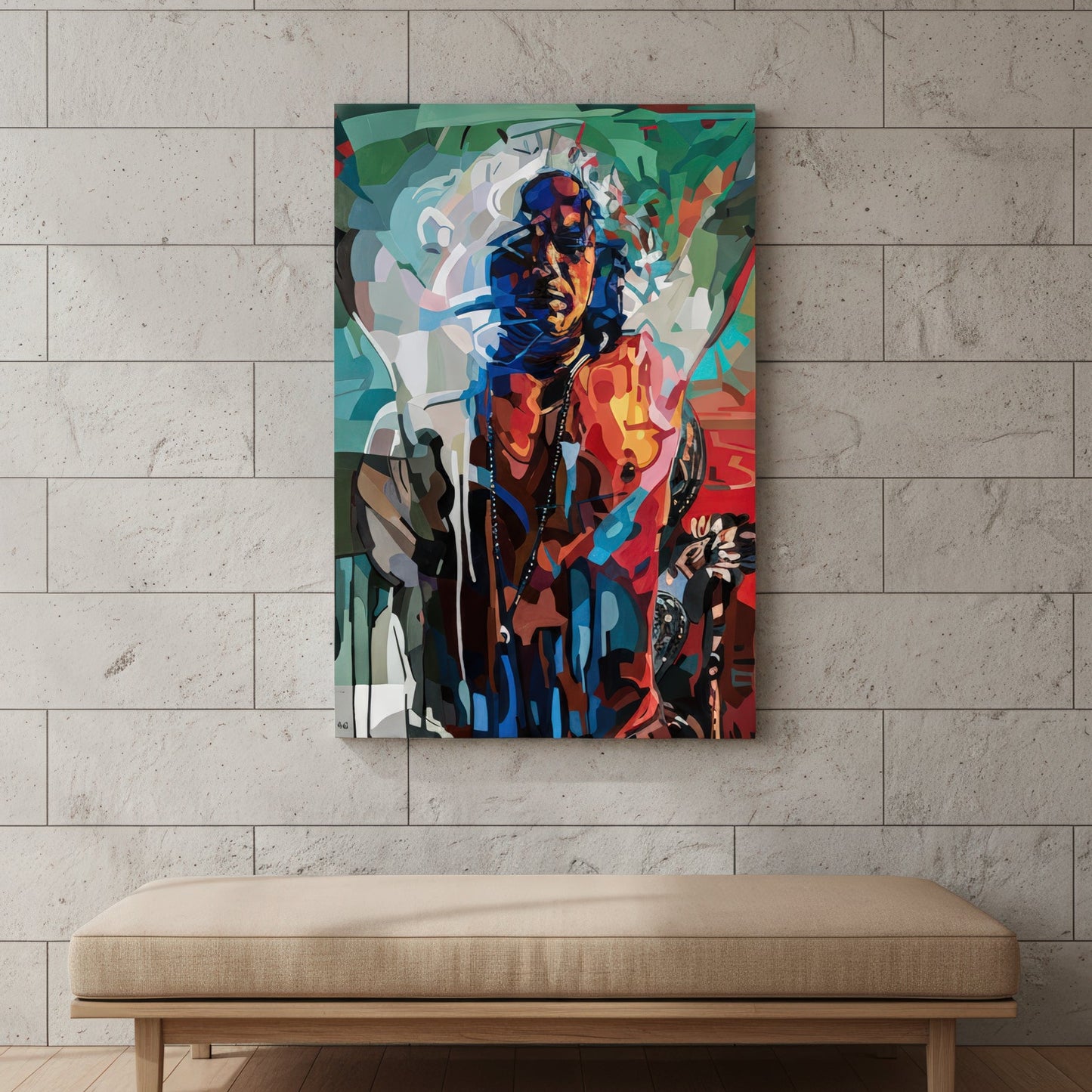 Collectible figurative art print by Noemi Safir featuring a woman standing upright with an intense presence, built from expressive blocks of cobalt blue, scarlet, coral, black, cream, and mint green.