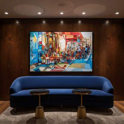 Collectible contemporary art print by Noemi Safir featuring a colorful street café scene with bicycles, tables, and people gathered outside, creating a vivid composition filled with light, movement, and everyday urban warmth.