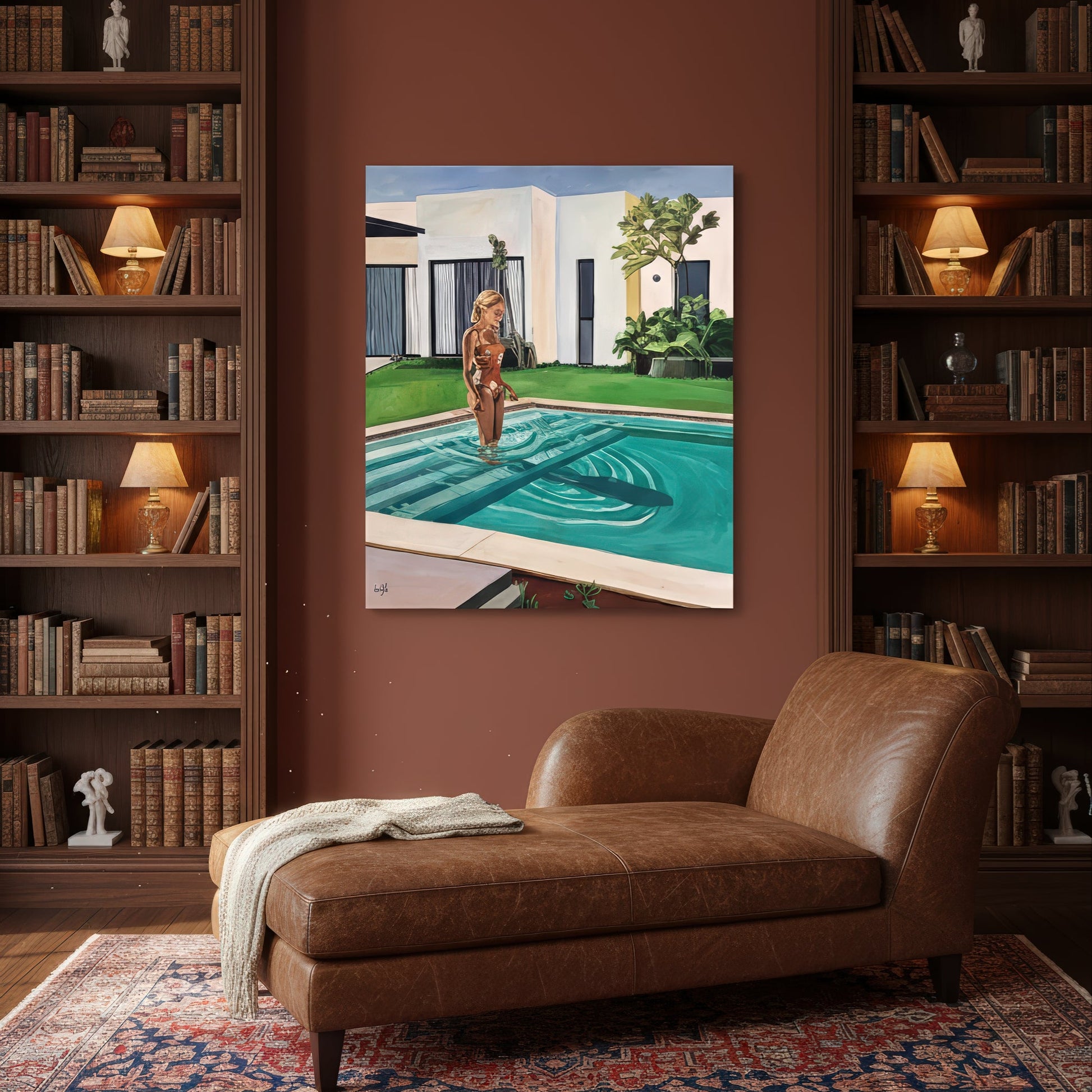 Collectible contemporary figurative print by Noemi Safir featuring a woman paused in a swimming pool, surrounded by calm turquoise water, white architectural forms, and rich green foliage.