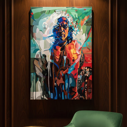 Limited edition contemporary portrait print by Noemi Safir, presenting a female figure with luminous white hair and a bold sculptural body composed of layered red, blue, orange, pink, and teal brushwork.