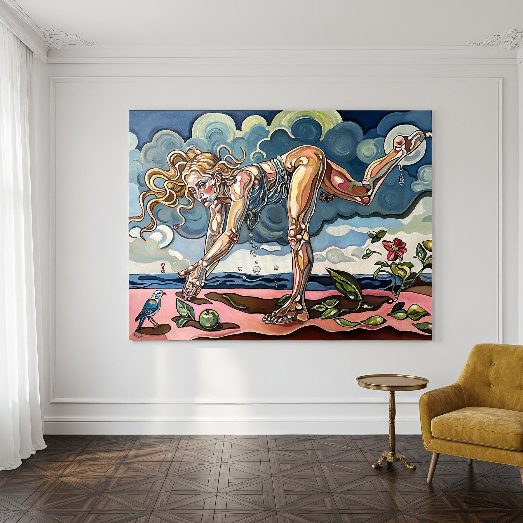 One of a kind original artwork by Noemi Safir showing a balancing woman, swirling clouds, pink ground, and symbolic natural elements