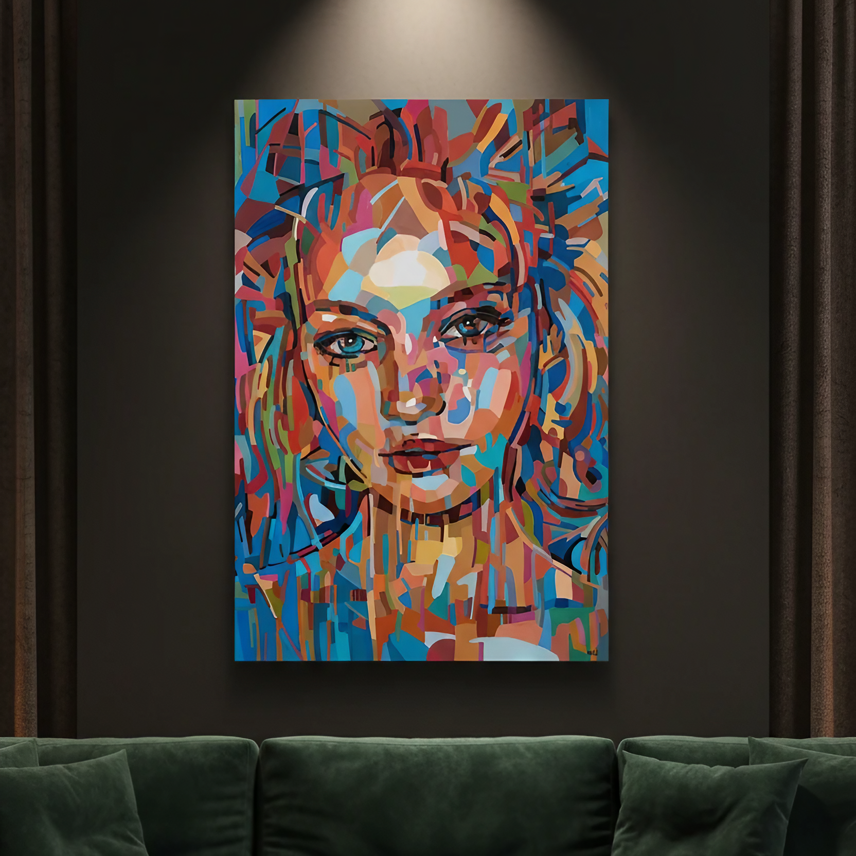 Contemporary female portrait print by Noemi Safir featuring a striking face composed of colorful painterly fragments, with flowing vertical marks and a rich palette of blue, pink, orange, red, and cream.