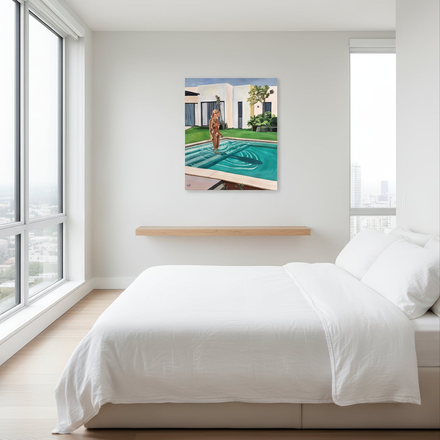 Limited edition fine art print by Noemi Safir presenting a serene poolside composition with a woman standing in water, gentle circular ripples, a modern cream and white house, and leafy garden plants in the background.