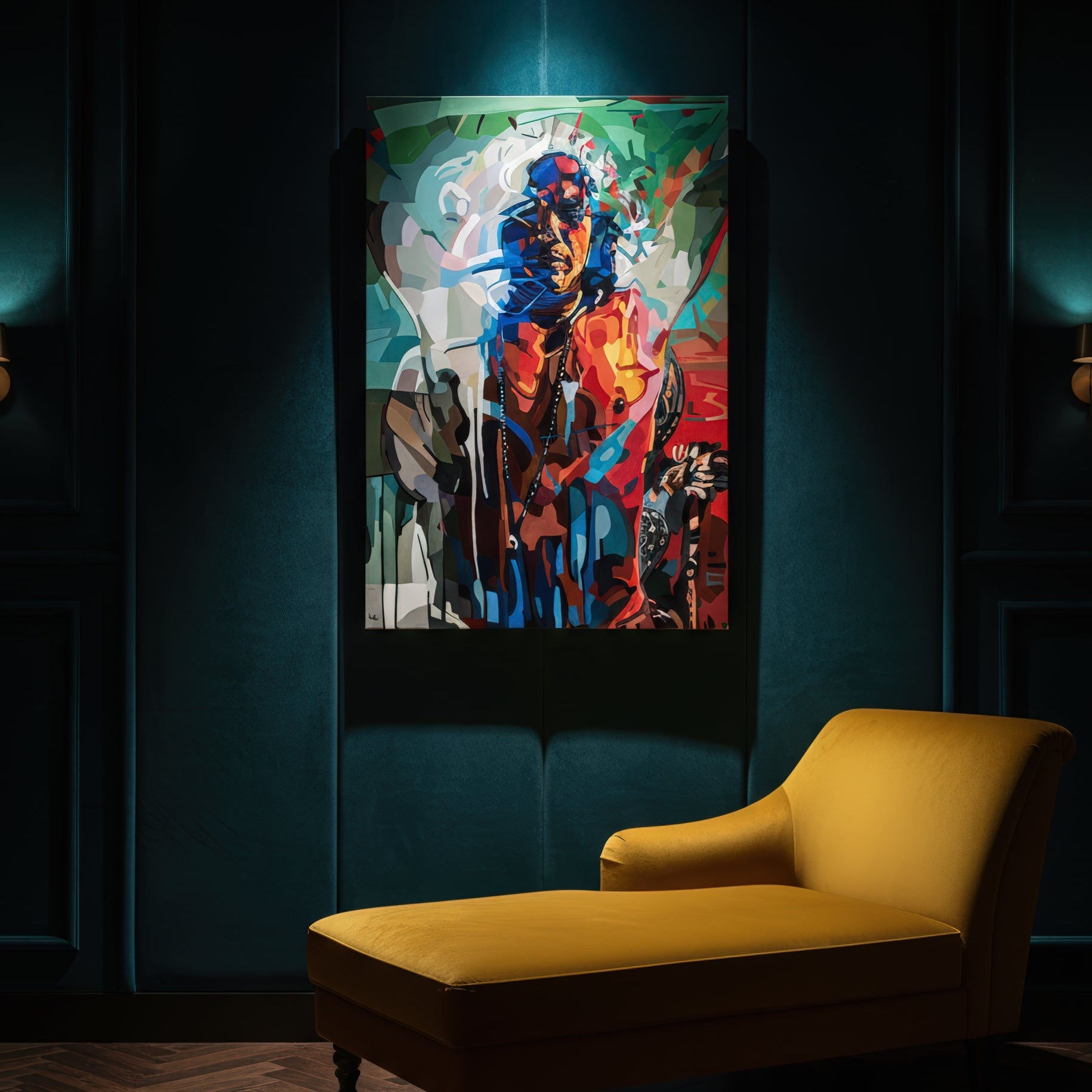 Limited edition figurative print by Noemi Safir portraying a powerful female figure in a vivid contemporary composition, combining flowing hair, saturated color, and strong vertical presence into an expressive modern artwork.