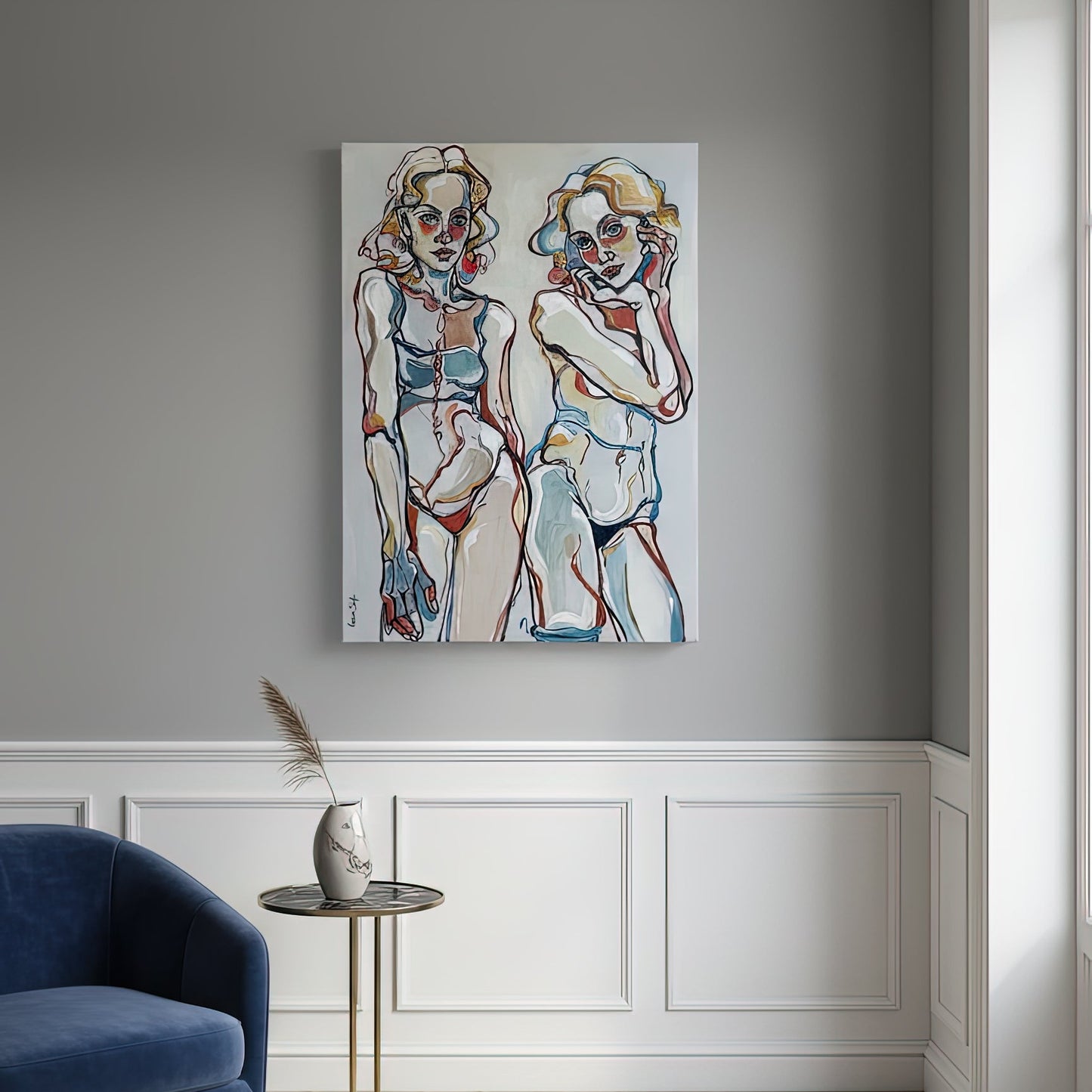 Contemporary figurative artwork by Noemi Safir featuring two female figures with expressive layered red, blue, and ochre contour lines