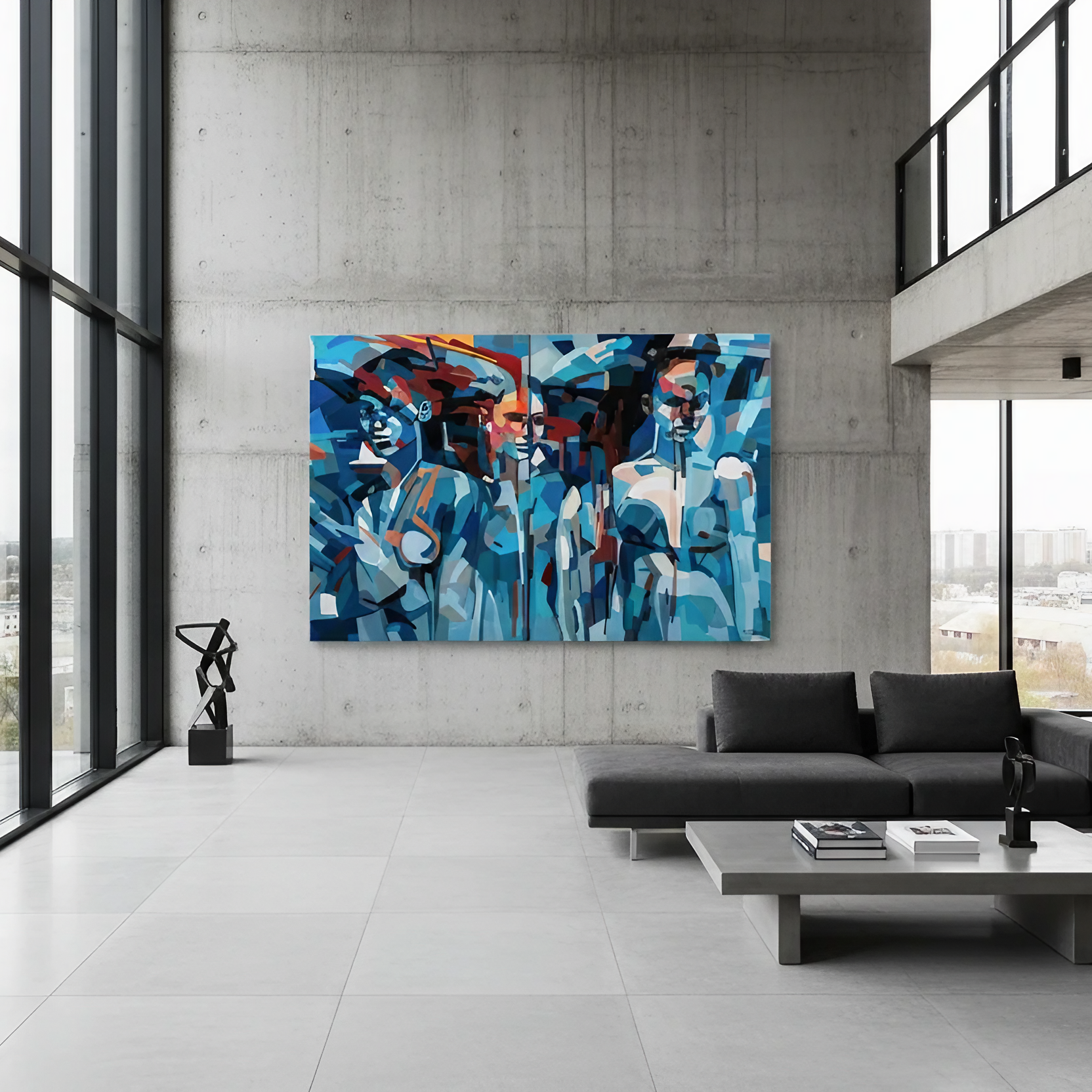 
Collectible fine art print on archival paper or canvas by Noemi Safir, depicting three women in layered blue tones with modern geometric painterly structure and a powerful emotional atmosphere.