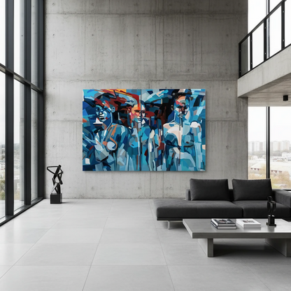 
Collectible fine art print on archival paper or canvas by Noemi Safir, depicting three women in layered blue tones with modern geometric painterly structure and a powerful emotional atmosphere.
