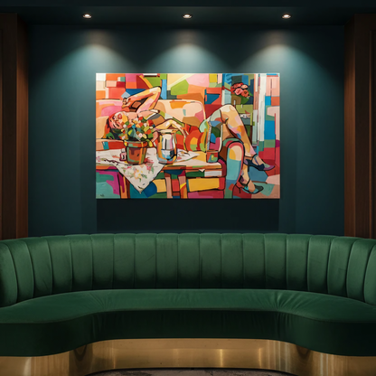 Butterfly by Noemi Safir is a limited edition fine art print featuring a reclining female figure surrounded by vivid blocks of pink, coral, turquoise, green, yellow, and red in a bold contemporary interior scene.