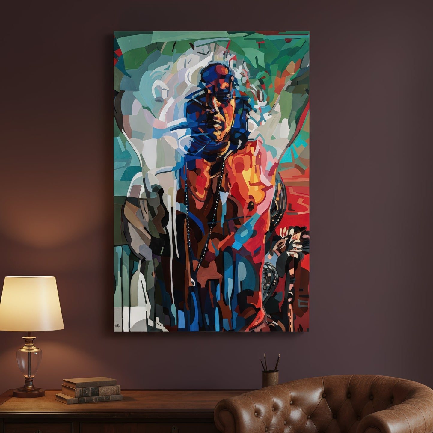 The power inside by Noemi Safir is a limited edition fine art print featuring a standing female figure in vivid tones of deep blue, crimson, coral, orange, turquoise, white, and soft green.