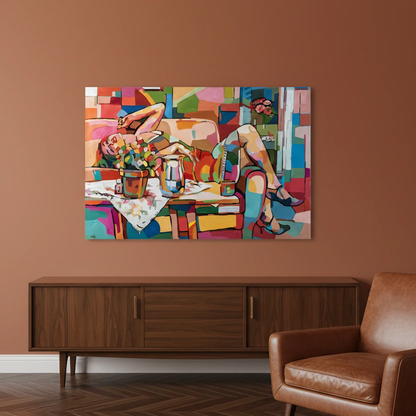 Collectible figurative art print by Noemi Safir featuring a reclining woman in a vibrant interior with flowers, tableware, and geometric color fields, combining sensual presence with playful painterly energy.