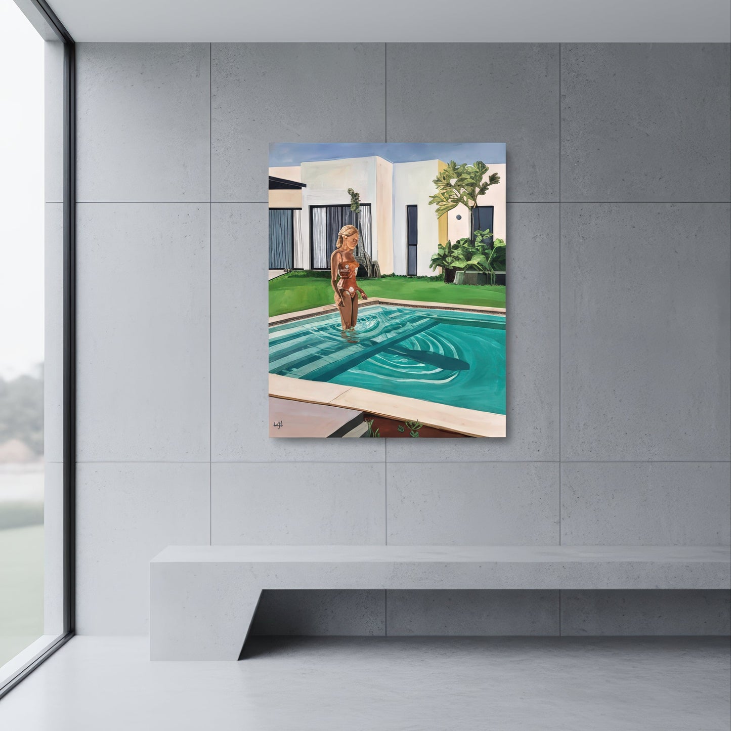 Girl at the pool is a limited edition art print by Noemi Safir depicting a quiet outdoor scene with a woman standing in a clear blue pool beside a contemporary home with large windows and a manicured lawn.
