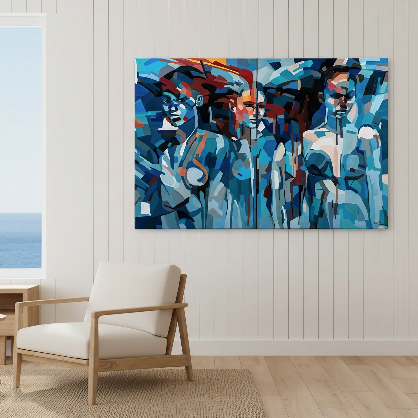 Girls in Blue by Noemi Safir is a limited edition fine art print featuring three female figures painted in layered tones of blue, turquoise, white, black, and red in a bold contemporary figurative composition.