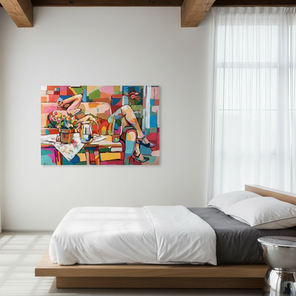 Limited edition contemporary print by Noemi Safir showing a woman reclining across a sofa in a colorful domestic setting, with bright floral details, bold black outlines, and expressive blocks of warm and cool color.