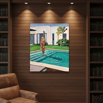 Girl at the pool by Noemi Safir is a limited edition fine art print featuring a woman standing in a turquoise swimming pool beside a modern white house and lush green garden.