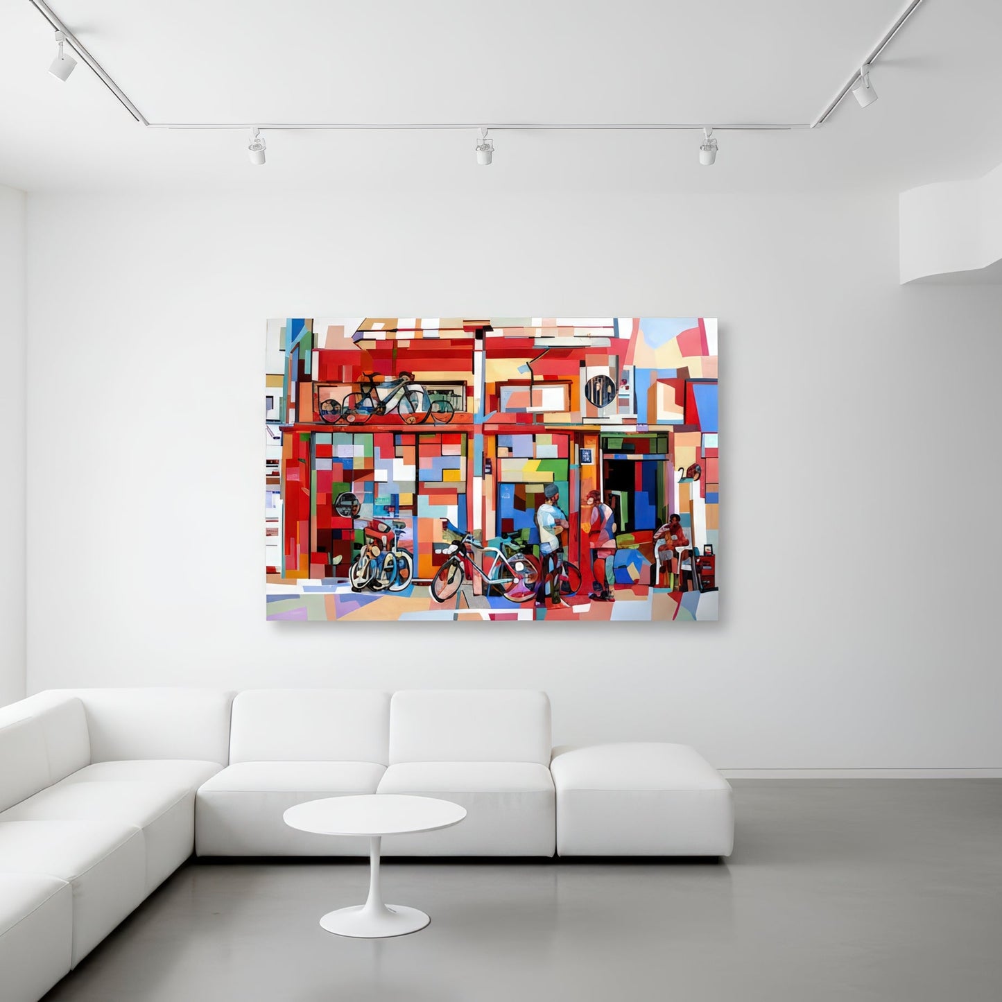 Museum quality art print by Noemi Safir based on an original painting, showing a Tel Aviv street with bicycles, storefront details, and human figures arranged within a bright contemporary composition full of rhythm and color contrast.