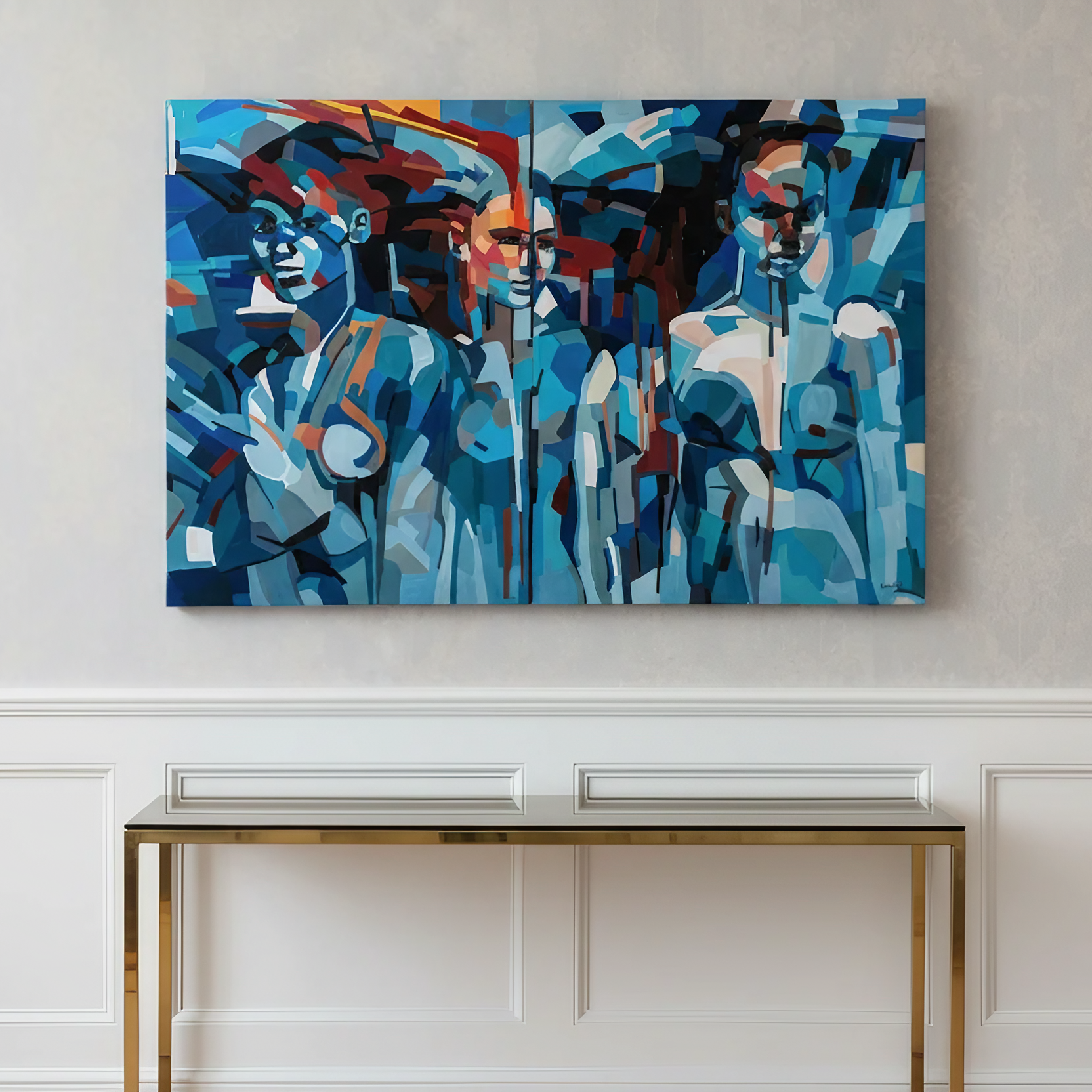 Signed and hand numbered fine art print by Noemi Safir based on an original painting, showing three women in expressive blue shades with fragmented painterly forms and strong emotional presence.