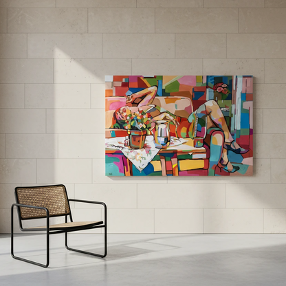 Museum quality fine art print by Noemi Safir based on an original painting, presenting a female figure resting in a vivid interior filled with pink, turquoise, red, yellow, green, and peach tones.