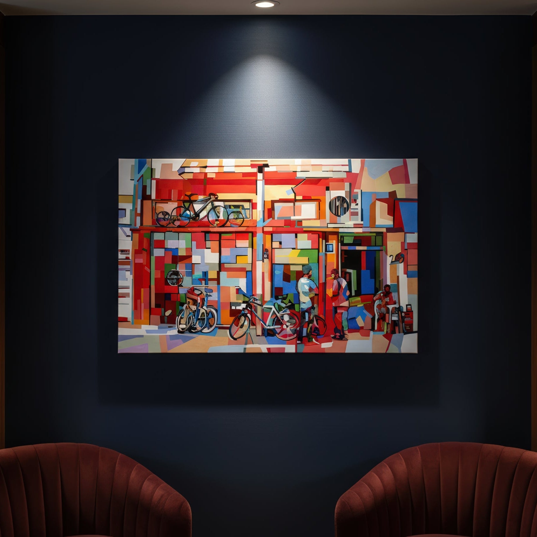 Contemporary urban figurative print by Noemi Safir featuring a lively city building in red, pink, blue, and cream tones, with bicycles leaning outside and several people standing and sitting along the sidewalk.