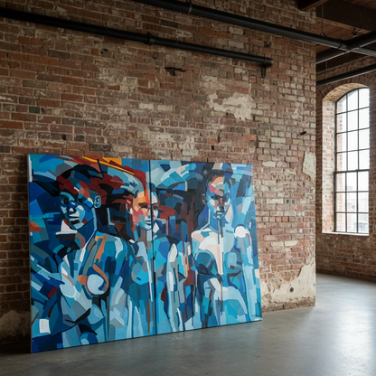 Limited edition contemporary art print by Noemi Safir featuring three female figures in a dramatic palette of blue, aqua, white, black, and warm red, created with bold abstract figurative brushwork.