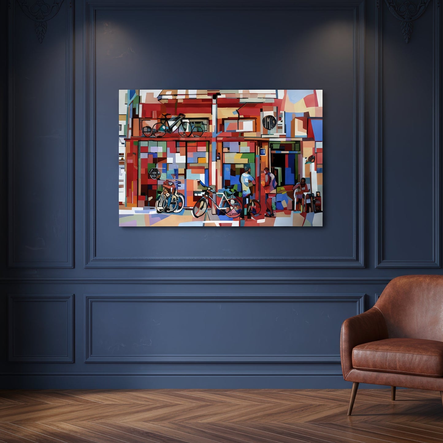 Tel-Aviv by Noemi Safir is a limited edition fine art print featuring a vivid urban street scene with bicycles, storefronts, and human figures in bold tones of red, coral, blue, pink, green, cream, and black.