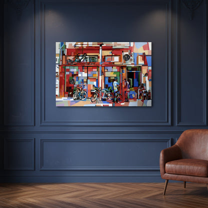 Tel-Aviv by Noemi Safir is a limited edition fine art print featuring a vivid urban street scene with bicycles, storefronts, and human figures in bold tones of red, coral, blue, pink, green, cream, and black.