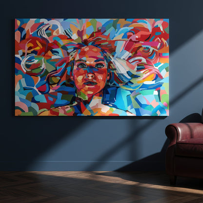 The nymph by Noemi Safir is a limited edition fine art print featuring a close female portrait surrounded by flowing abstract forms in vivid tones of turquoise, coral, pink, blue, aqua, white, and soft green.