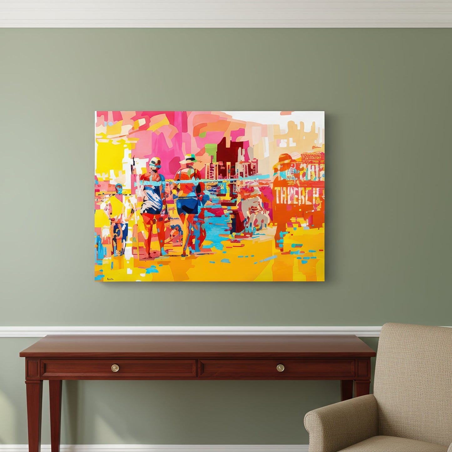 Contemporary coastal figurative print by Noemi Safir featuring beachgoers in motion across a glowing shoreline, with abstracted city and beach elements in the background and a vivid modern palette full of warmth and light.