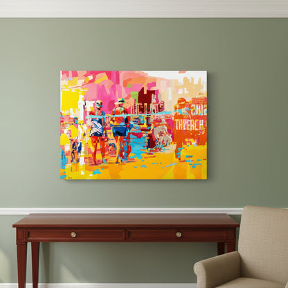 Contemporary coastal figurative print by Noemi Safir featuring beachgoers in motion across a glowing shoreline, with abstracted city and beach elements in the background and a vivid modern palette full of warmth and light.