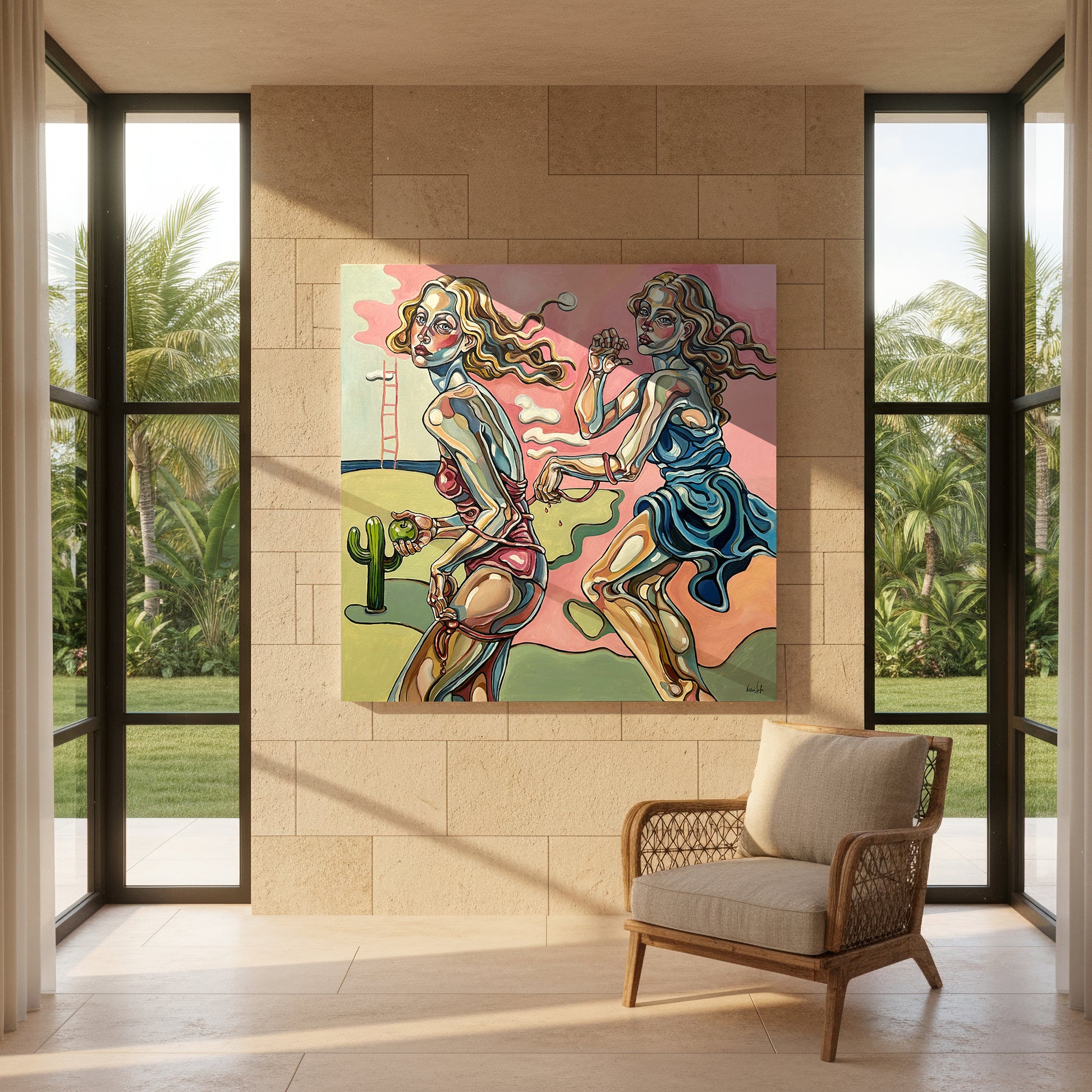 The Apple, the Ladder, and the Illusion by Noemi Safir, original painting from Wild Girls Don’t Apologize, featuring two female figures in a surreal pink landscape with an apple and ladder.