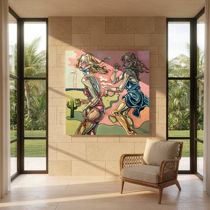 The Apple, the Ladder, and the Illusion by Noemi Safir, original painting from Wild Girls Don’t Apologize, featuring two female figures in a surreal pink landscape with an apple and ladder.