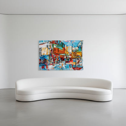 Limited edition fine art print by Noemi Safir presenting a vivid urban composition with two pedestrians moving through a narrow street of layered architecture, painted in expressive blocks of aqua, coral, yellow, red, and pale green.