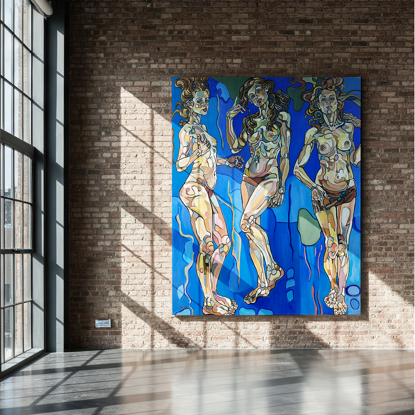 One of a kind original artwork by Noemi Safir showing three women suspended in a blue symbolic sky and sea atmosphere