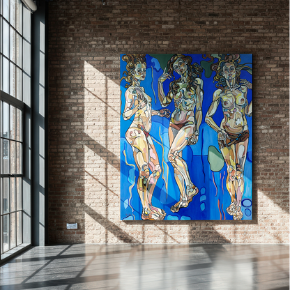 One of a kind original artwork by Noemi Safir showing three women suspended in a blue symbolic sky and sea atmosphere