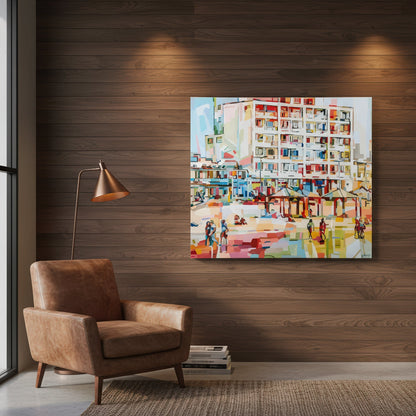 Limited edition fine art print by Noemi Safir presenting a coastal Tel Aviv scene with a large modern building rising above beach shelters and figures below, composed through layered painterly shapes in soft light filled colors.