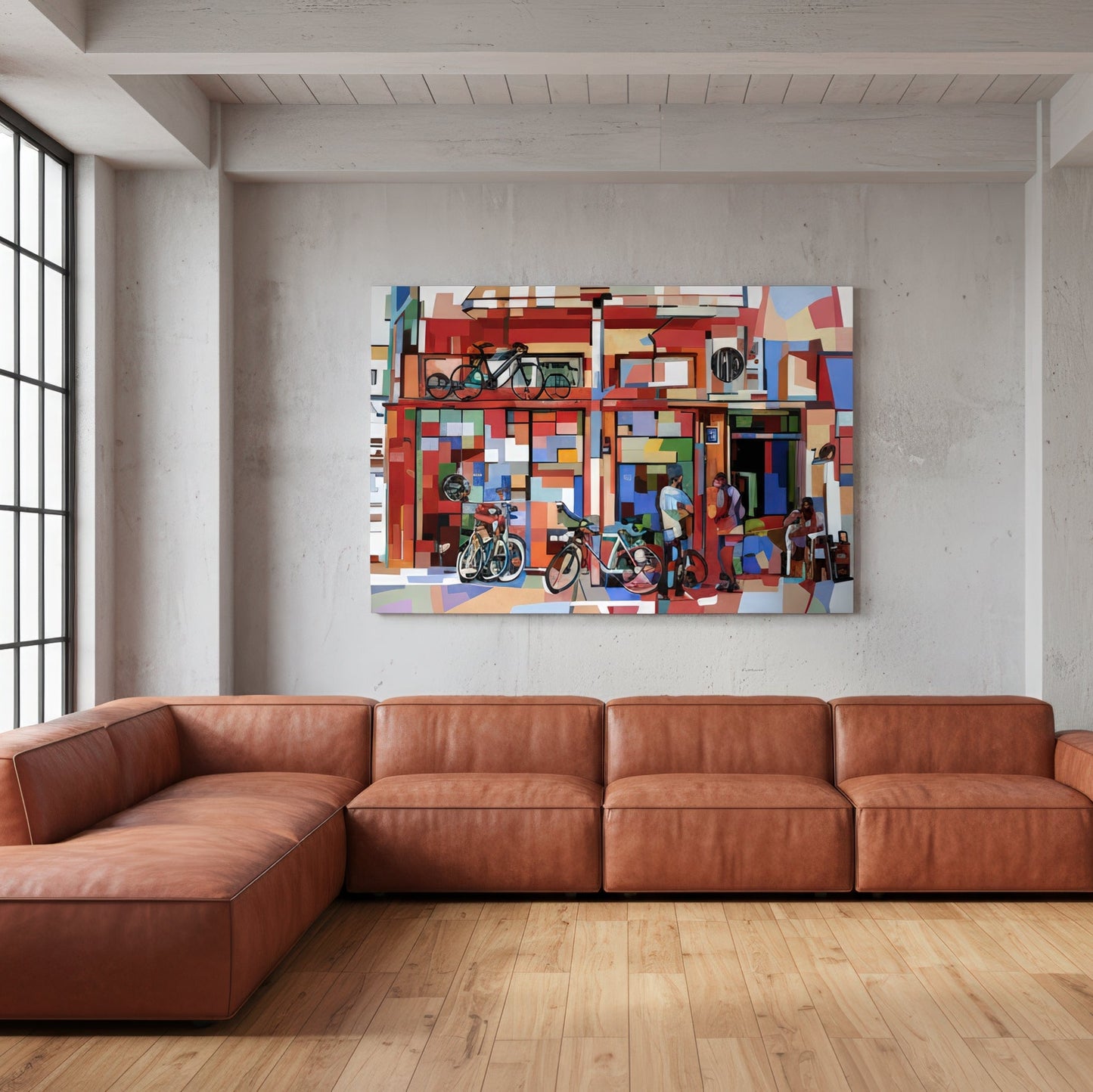 Tel-Aviv is a limited edition art print by Noemi Safir depicting a city street scene with bicycles, pedestrians, and layered architectural forms, painted in expressive blocks of red, turquoise, peach, blue, white, and green.