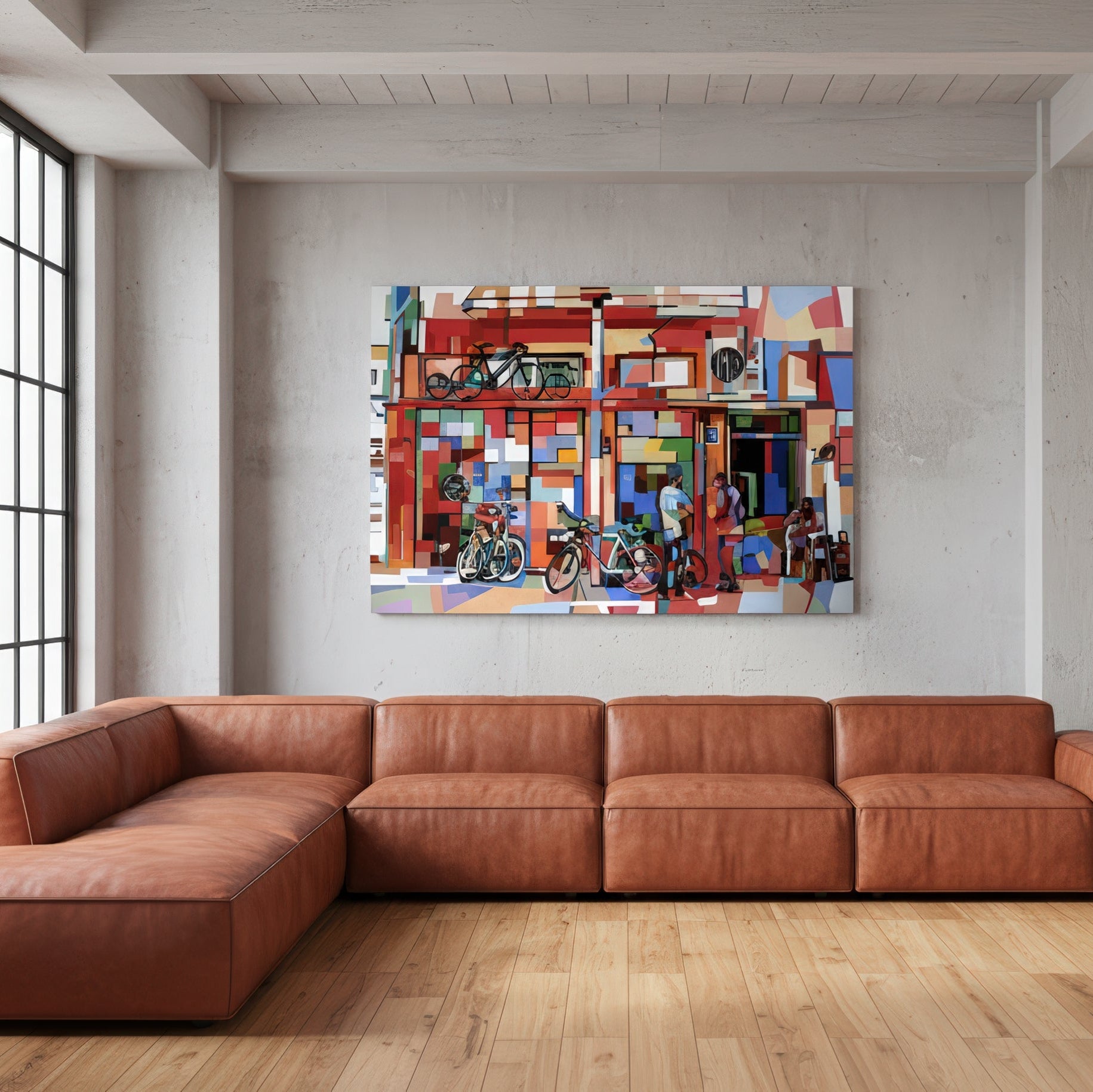 Tel-Aviv is a limited edition art print by Noemi Safir depicting a city street scene with bicycles, pedestrians, and layered architectural forms, painted in expressive blocks of red, turquoise, peach, blue, white, and green.