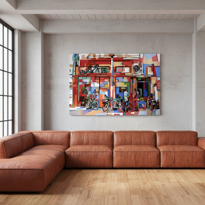 Tel-Aviv is a limited edition art print by Noemi Safir depicting a city street scene with bicycles, pedestrians, and layered architectural forms, painted in expressive blocks of red, turquoise, peach, blue, white, and green.