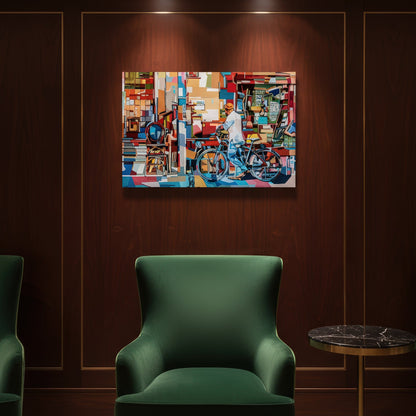 At the flea market is a limited edition art print by Noemi Safir depicting an urban street scene with a bicycle, stacked objects, bookshelves, chairs, and a solitary figure surrounded by expressive contemporary color fields.