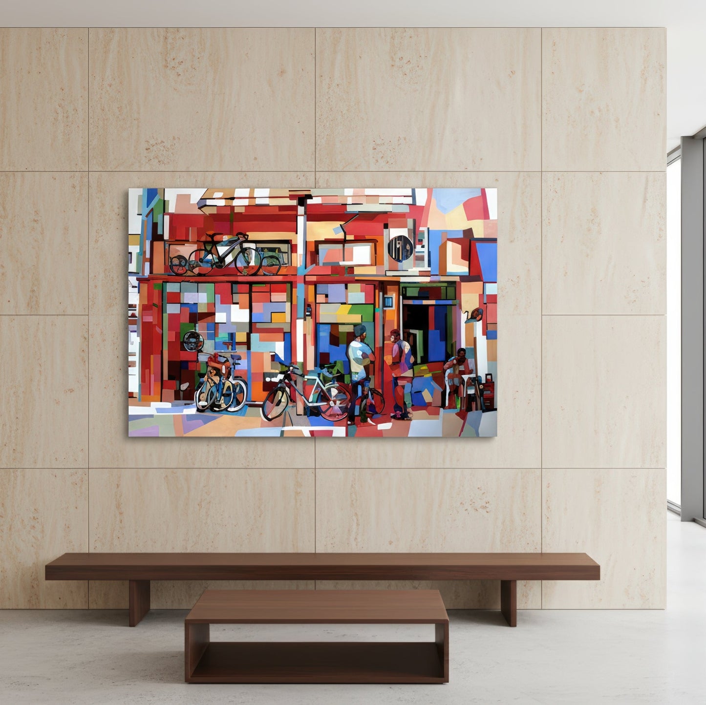 Tel-Aviv by Noemi Safir is a signed limited edition print with a bright city street scene where bicycles, storefronts, and local figures create a vivid everyday portrait of urban life.
