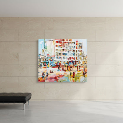 Museum quality art print by Noemi Safir based on an original painting, showing Tel Aviv from the beach with bright urban architecture, beachside activity, and a luminous palette of white, pink, blue, red, beige, and pale green.