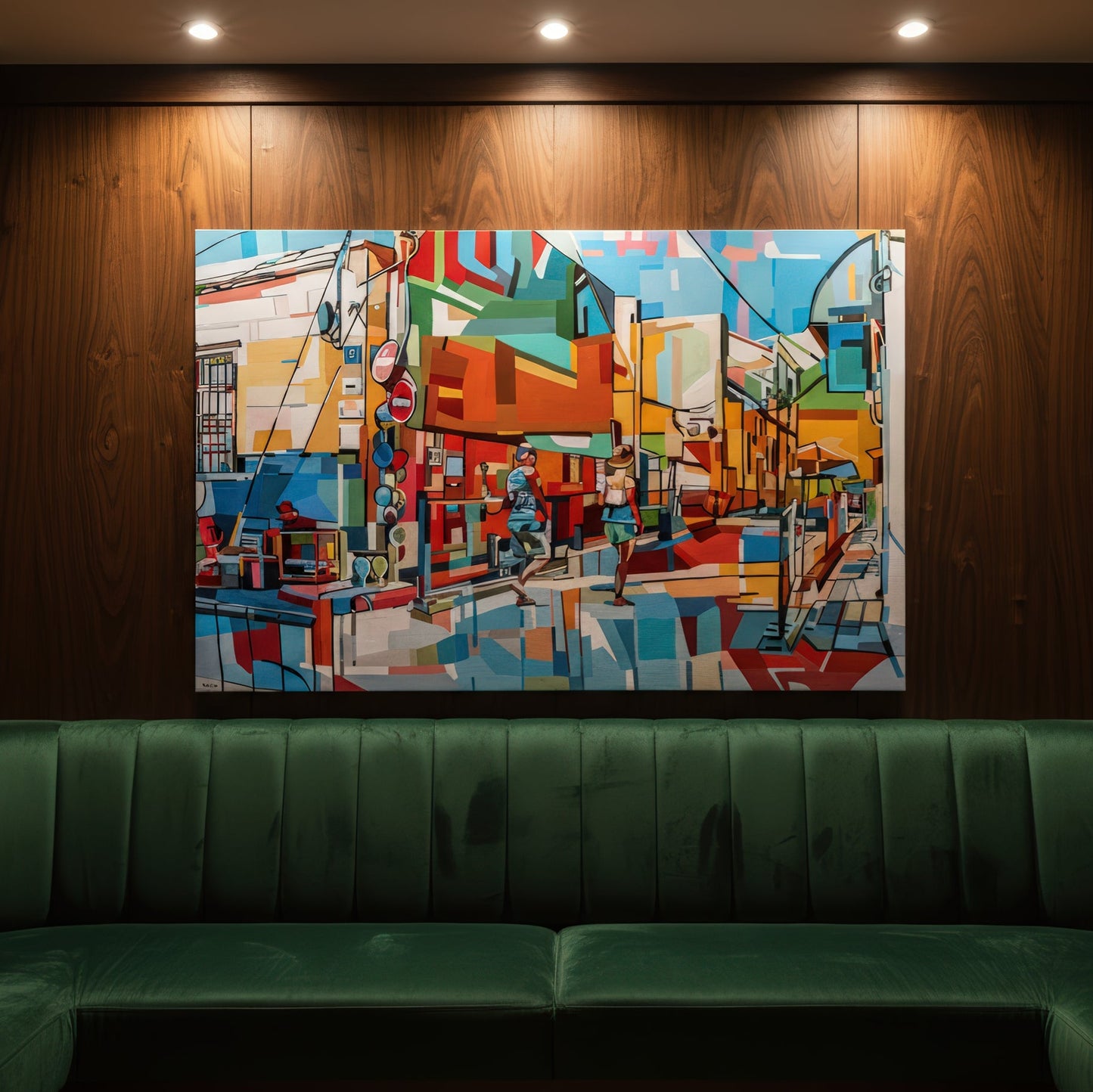 Museum quality art print by Noemi Safir based on an original painting, showing a bright city street with two walking figures, café tables, colorful building fronts, and a clear blue sky in a bold modern style.