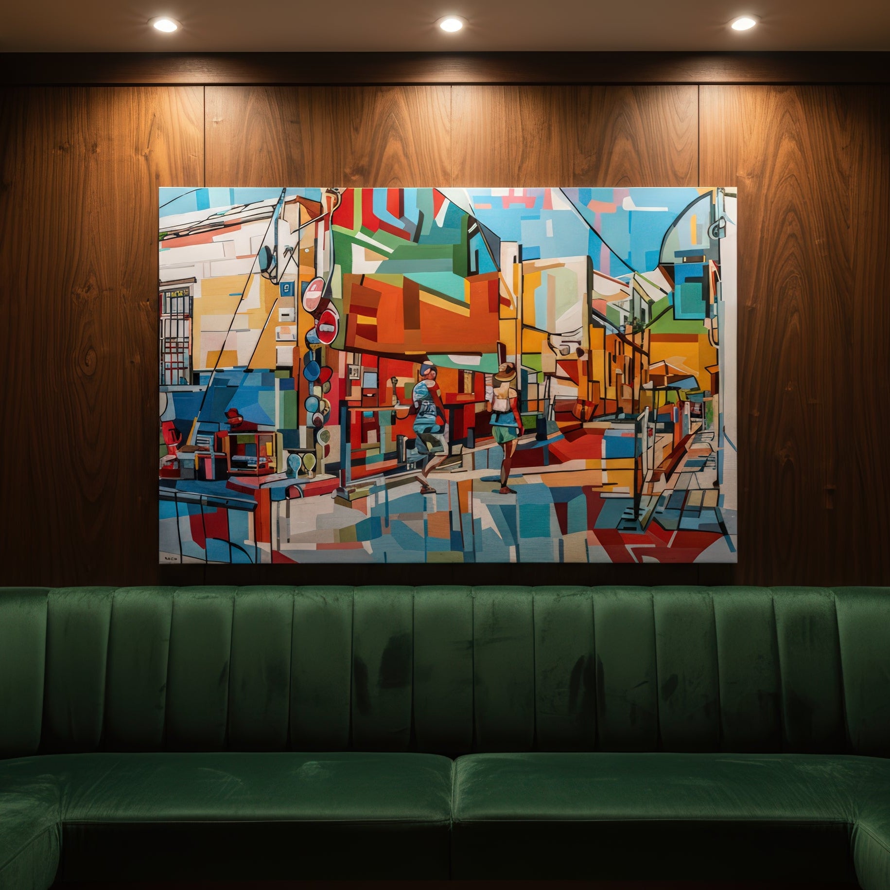 Museum quality art print by Noemi Safir based on an original painting, showing a bright city street with two walking figures, café tables, colorful building fronts, and a clear blue sky in a bold modern style.