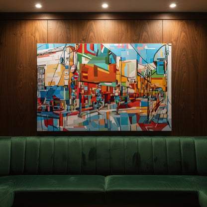 Museum quality art print by Noemi Safir based on an original painting, showing a bright city street with two walking figures, café tables, colorful building fronts, and a clear blue sky in a bold modern style.