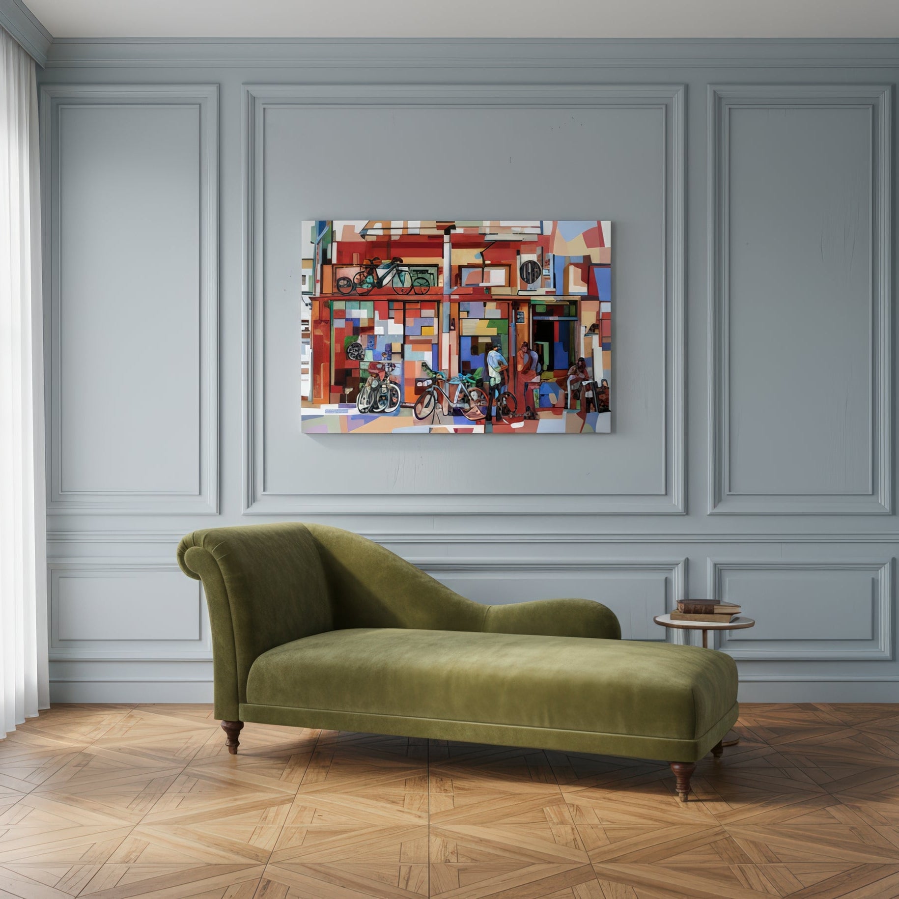 Limited edition fine art print by Noemi Safir presenting a colorful streetfront with multiple bicycles, open doors, and people gathered outside, rendered in strong black outlines and bright painterly planes of red, blue, coral, and mint.