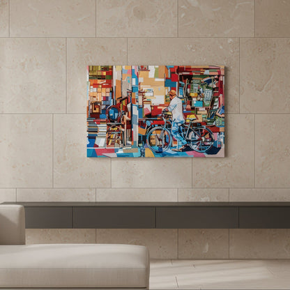 Collectible contemporary cityscape print by Noemi Safir featuring a man paused beside a bicycle at a busy flea market storefront, with layered furniture, books, and architectural details painted in vivid modern tones.